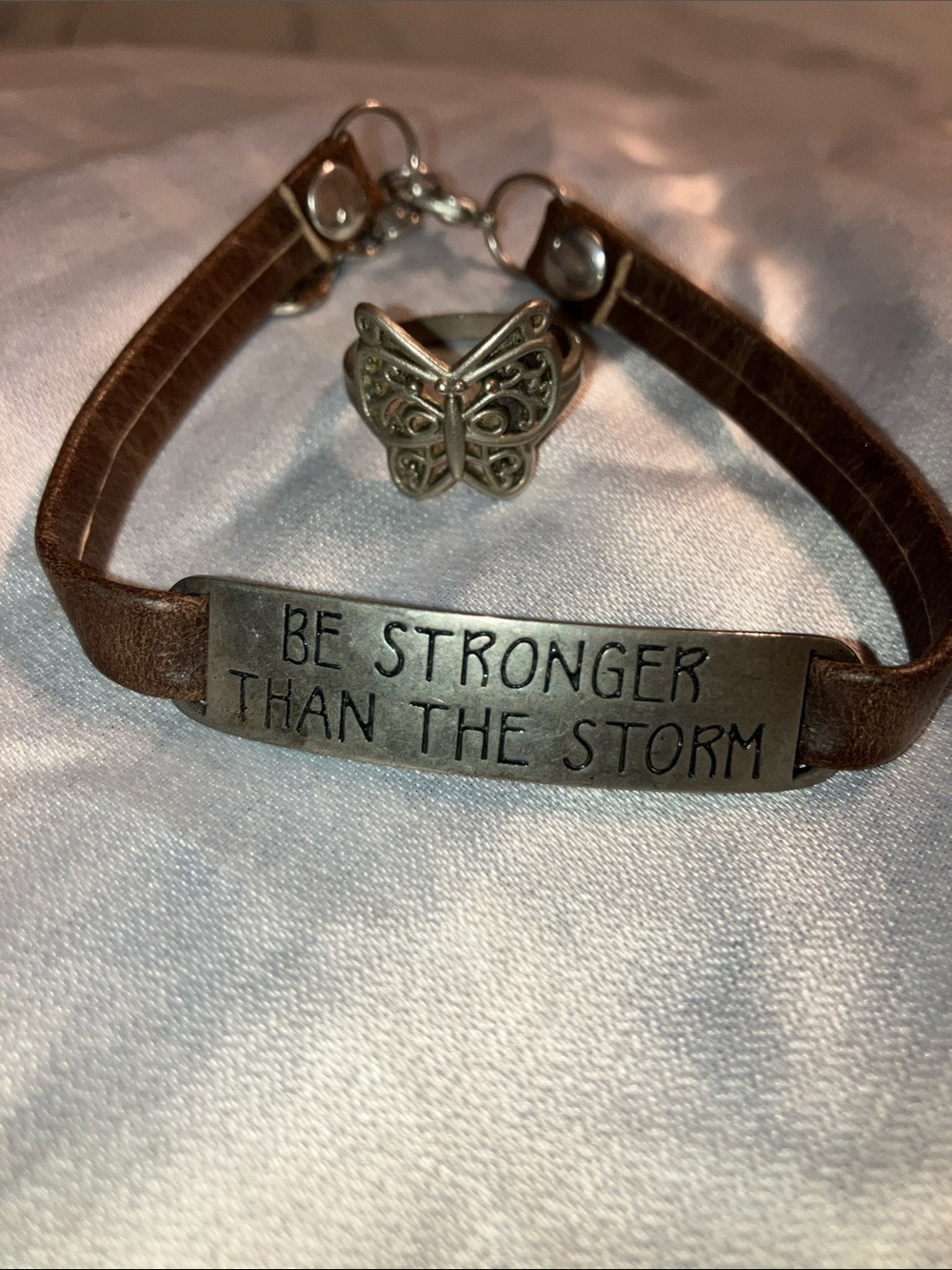 Be Stronger Than The Storm Brown Leather Inspirational Bracelet w/ butterfly rin